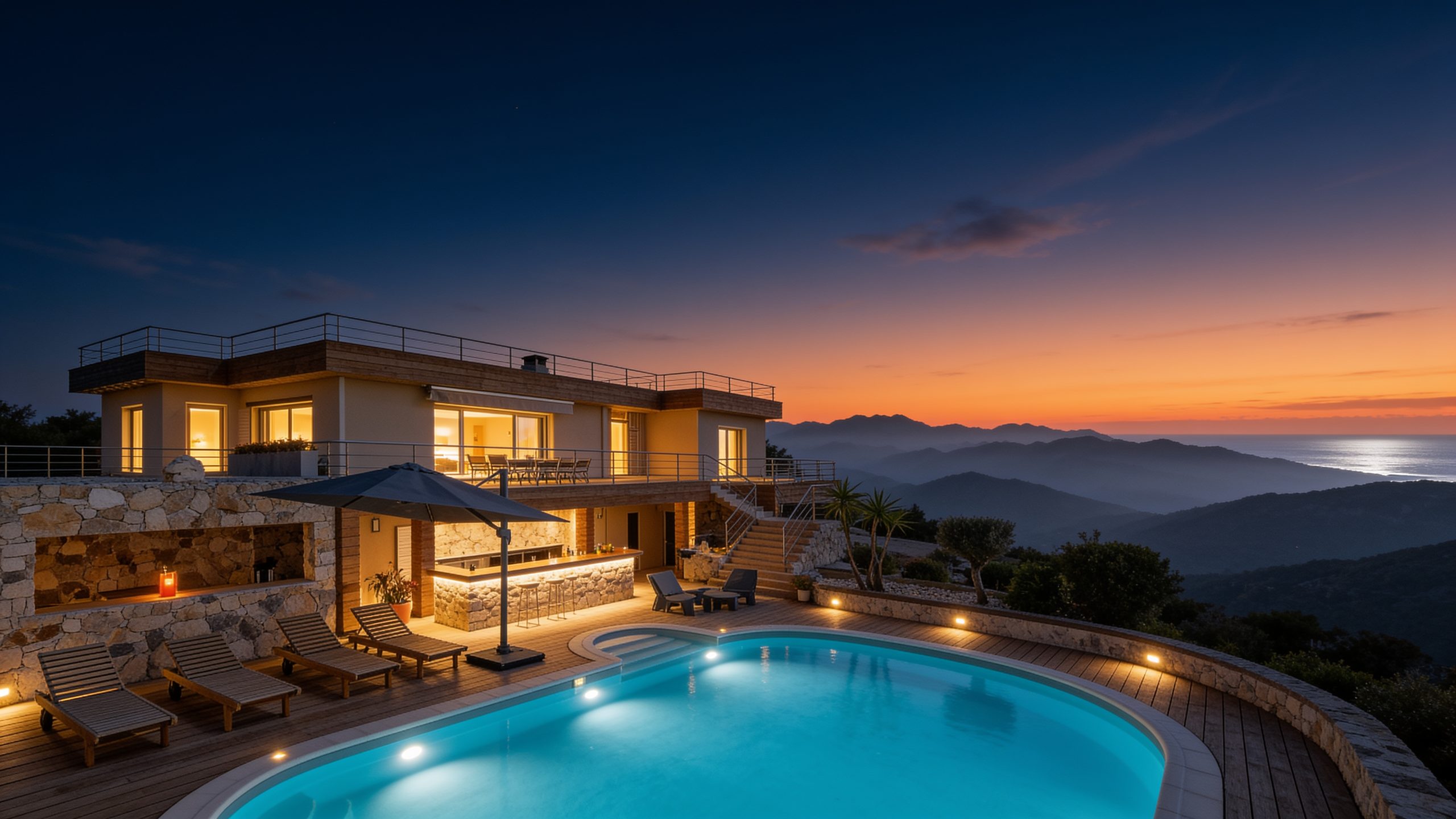 Villa Giulietta au crépuscule, collines corses en arrière-plan